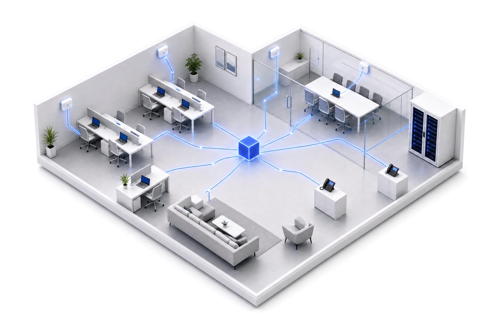 Illustration of IT Support for a Avon business: every computer, phone, printer and network device in the office connects back to one managed hub.